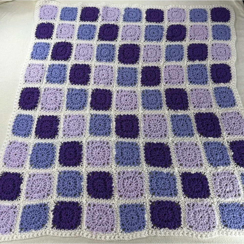 Hand knitted Granny Square Purple and Lavender Crochet Blanket Size 35”x32.5”